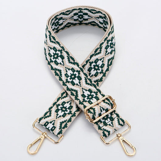 Yellow and white ethnic style patterned canvas bag strap with gold-toned adjustable buckle and swivel snap hooks. - Image 7