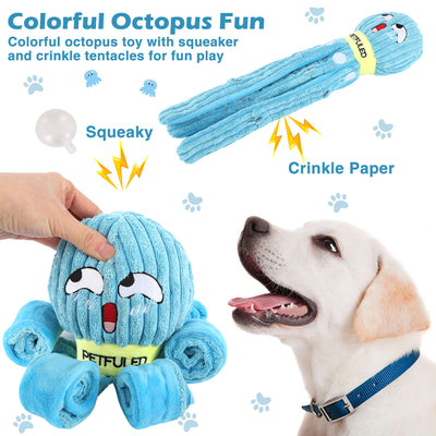 Blue plush octopus dog snuffle toy with a cartoon crying face and a yellow "PETFULED" band, designed for interactive play. - Image 9