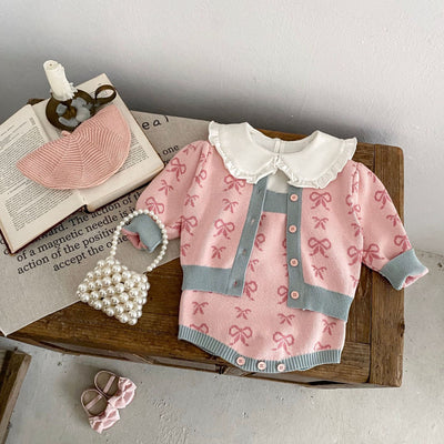 Cardigan Romper de Punto con Cuello Concha y Moño - Manga Larga - Image 3