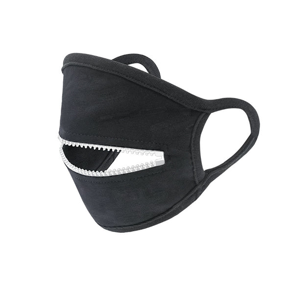 Black cotton face mask with ear loops and a horizontal zipper across the mouth area, partially open. - Image 2