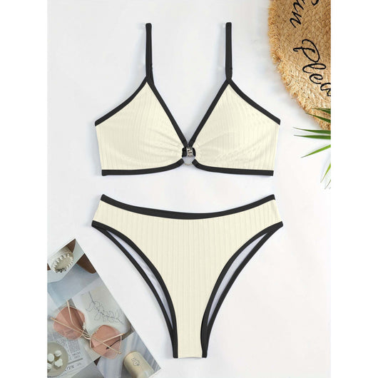 Women's dark blue ribbed two-piece swimsuit with light blue trim, triangle top, and high-cut bikini bottom. - Image 7