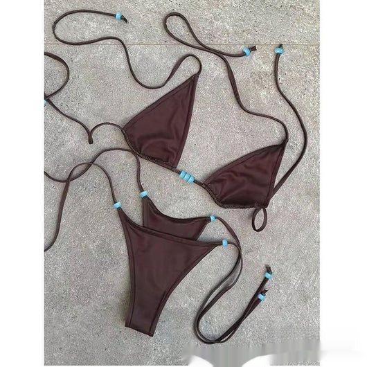 Simple women's brown separated swimwear with triangle top and thong bottom, featuring lace-up ties and light blue beads. - Image 15