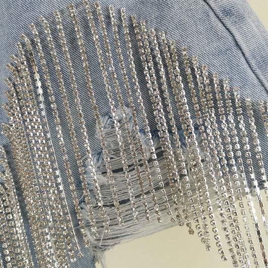 Short Jeans Cintura Alta Slim con Flecos y Abalorios Estilo Europeo - Image 4