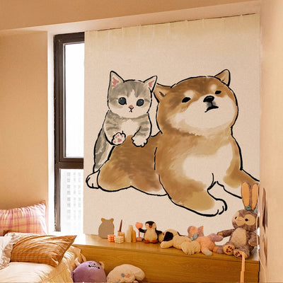 Cute cartoon curtain featuring a grey tabby kitten riding on a brown Shiba Inu puppy, with punch-free Velcro installation. - Image 10