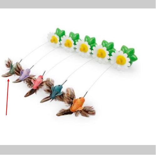 Electric pet toy with a row of white and yellow daisy flowers, green leaves, and five colorful feather birds on wires. - Image 12