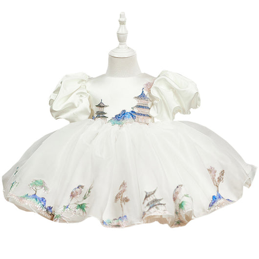 Vestido de Fiesta Infantil Blanco con Mangas Abullonadas de Satén - Image 6