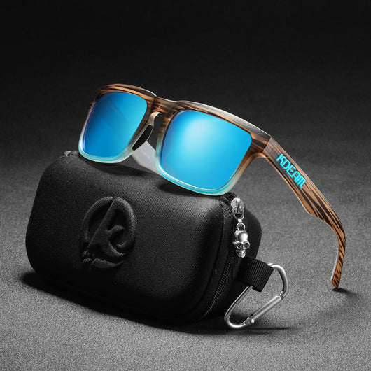 Men's and women's dazzling blue and black striped polarized sunglasses with gray lenses and a black case. - Image 54
