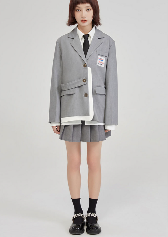 Blazer Gris Universitario para Mujer con Detalles de Contraste - Diseño Casual Sofisticado
