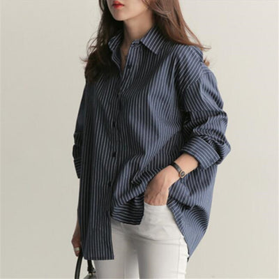 Camisa Universitaria Azul a Rayas Verticales Talla Grande Manga Larga Holgada y Versátil - Image 10