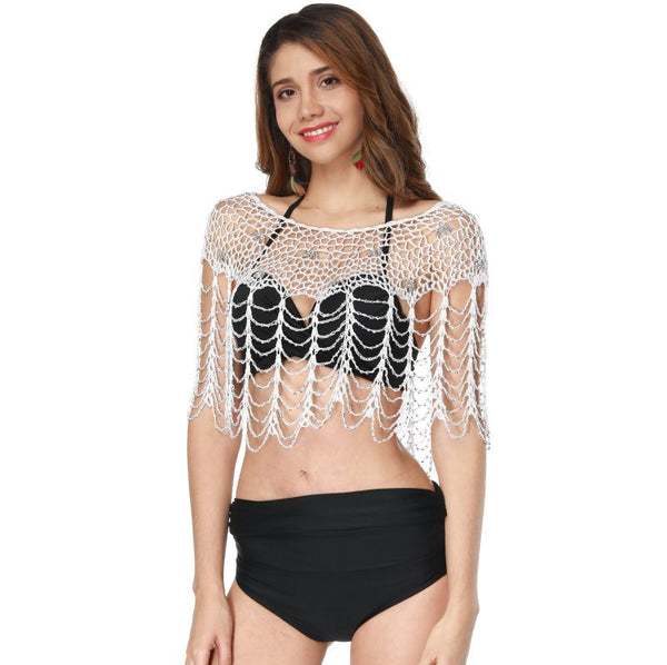 Chal Playero de Ganchillo Hecho a Mano con Borlas y Efecto Transparente