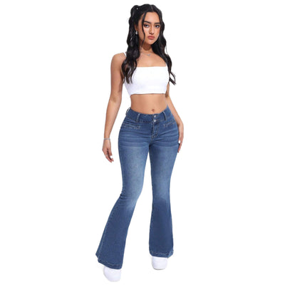 Pantalón Retro Azul Acampanado Tiro Bajo Efecto Denim - Image 5