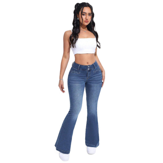 Pantalón Retro Azul Acampanado Tiro Bajo Efecto Denim - Image 5
