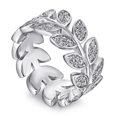 Anillo de Plata Esterlina Versión Ancha con Ojo de Caballo y Hojas de Diamante Incrustadas - Image 9
