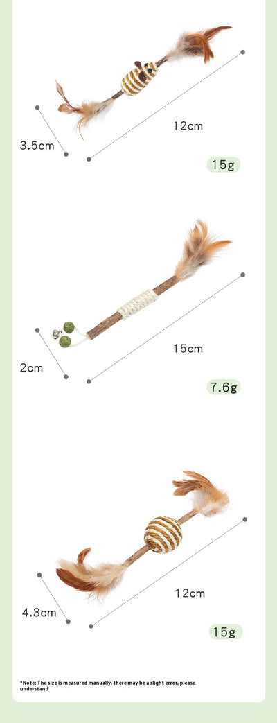 Feather and sisal cat toy with a wooden stick, green sisal ball, and brown feathers for molar cleaning. - Image 18