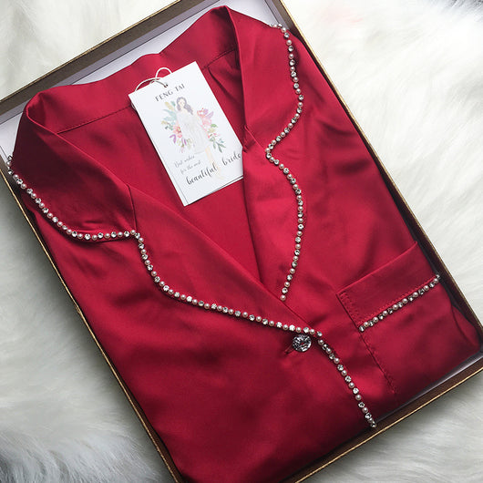 Pijama Dos Piezas de Satén Perlado con Diamantes y Strass para Mujer - Image 9
