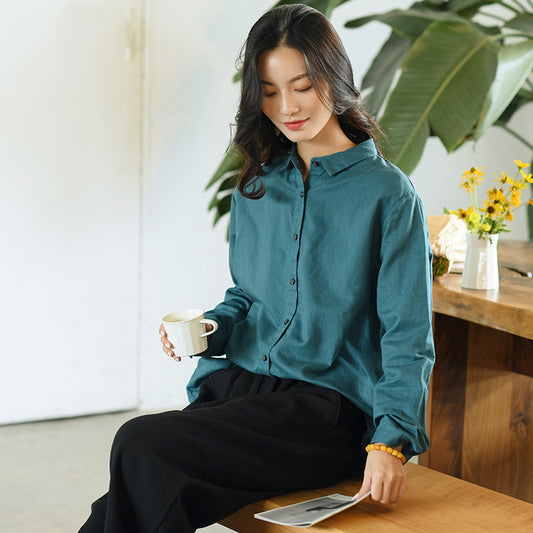 Blusa Retro Clásica de Solapa y Manga Larga para Mujer