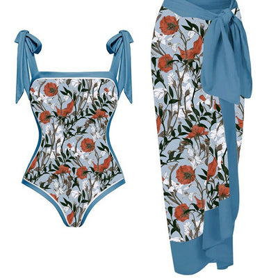 Traje de Baño Dos Piezas Chiffon con Falda Cadera Estampada
