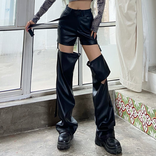 Pantalones de Cuero Talle Alto Rectos con Detalles Perforados Desmontables