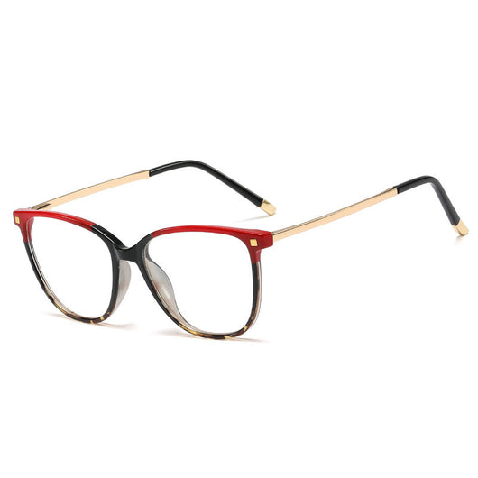 Black full-frame blue light blocking glasses with gold-colored metal temples on a white background. - Image 8