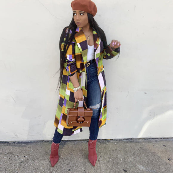 Abrigo de Lana Multicolor con Solapa Elegante para Mujer