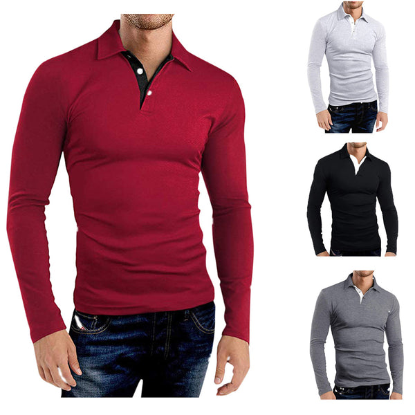 Camiseta Manga Larga Cuello Solapa Hombre - Colores Sólidos