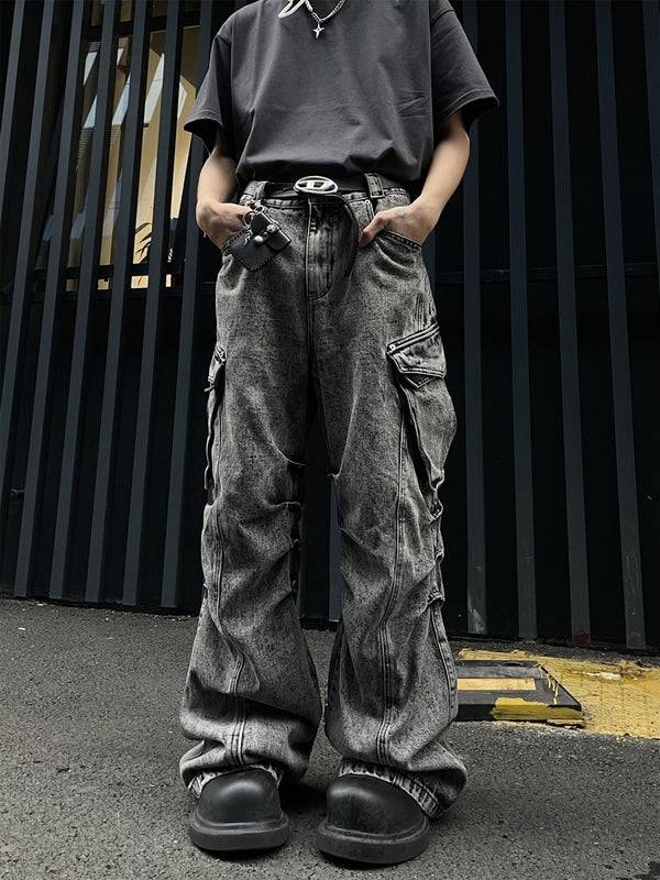 Pantalones de Trabajo Plisados Cintura Alta Pierna Ancha con Bolsillos