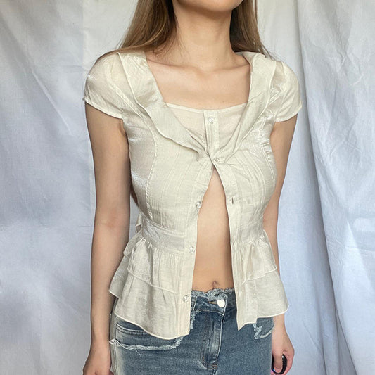 Blusa Francesa Elegante de Manga Corta con Botones - Image 2