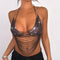 Conjunto de Dos Piezas: Top Halter Fishnet con Strass y Detalles Metálicos