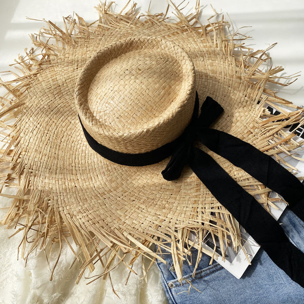 Sombrero Grande de Rafia Tejido a Mano con Borde Deshilachado para Verano