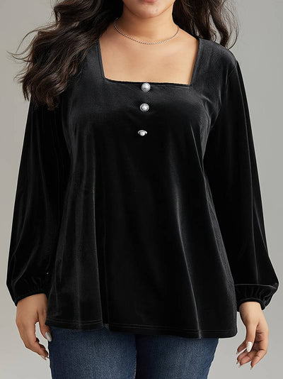 Blusa de Terciopelo Cuello Cuadrado Manga Larga Elegante y Suelta - Image 11