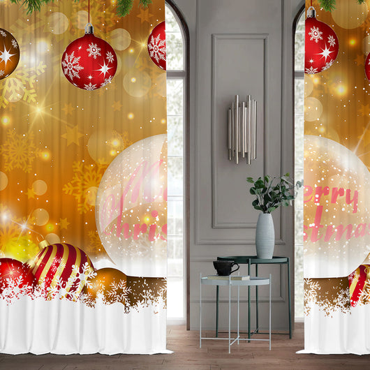 Pair of Christmas curtains with a 3D digital print of a snowy winter window scene, frosted trees, and snowflakes. - Image 38