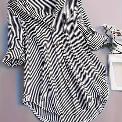 Camisa Casual Suelta a Rayas con Botones y Mangas Largas para Mujer - Image 8