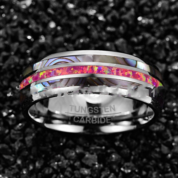 Anillo de Tungsteno con Concha de Abulón Magenta Profundo y Ópalo
