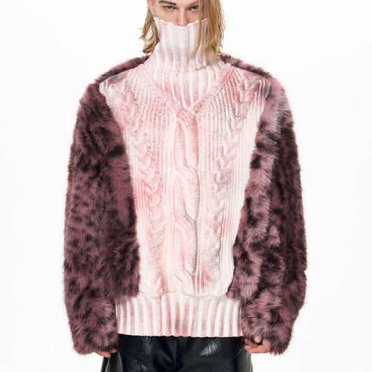 Suéter Cuello Alto Estampado Leopardo con Paneles de Pelaje Lujo para Hombre