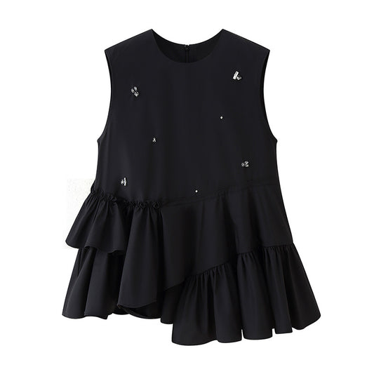 Blusa sin Mangas con Diseño Irregular y Volantes Perlados para Mujer
