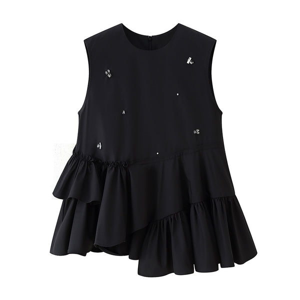 Blusa sin Mangas con Diseño Irregular y Volantes Perlados para Mujer