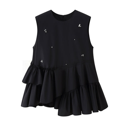 Blusa sin Mangas con Diseño Irregular y Volantes Perlados para Mujer