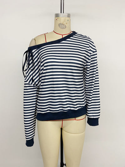 Blusa Casual Hombros Descubiertos a Rayas Manga Larga - Image 8