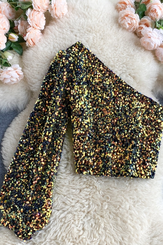 Blusa Corta Brillante con Lentejuelas Versátil - Image 3