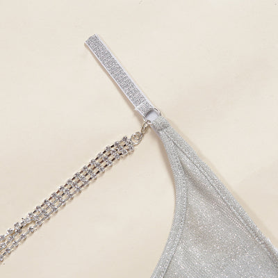 Silver rhinestone mesh bandeau bikini set with matching garter belt, displayed on a clear mannequin. - Image 15