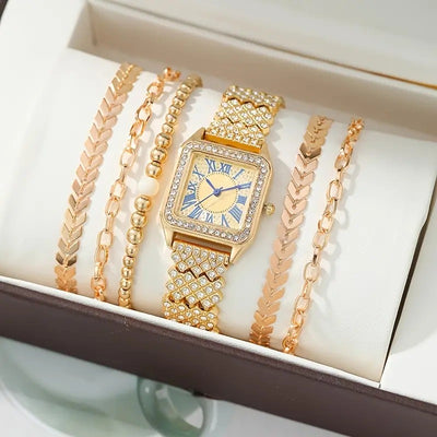 Reloj Cuadrado de Moda con Pulsera de Cuentas Brillantes Ajustable