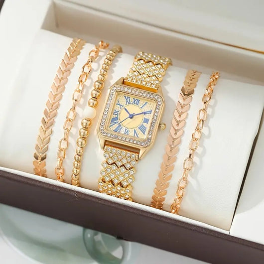 Reloj Cuadrado de Moda con Pulsera de Cuentas Brillantes Ajustable