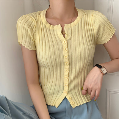 Cardigan Corto Tejido de Cintura Alta - Blusa Slim Fit Manga Corta