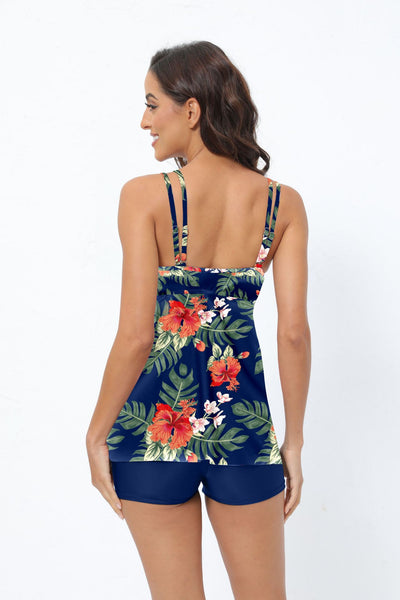 Women's plus size two-piece swimsuit with a red floral print tankini top and black boxer swim shorts. - Image 26