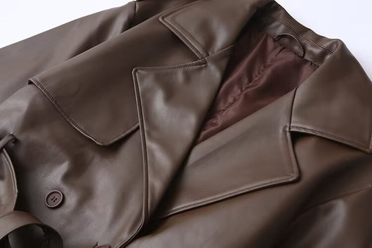 Abrigo de Cuero Extendido Diseño Francés Minimalista - Casual y Versátil - Image 16
