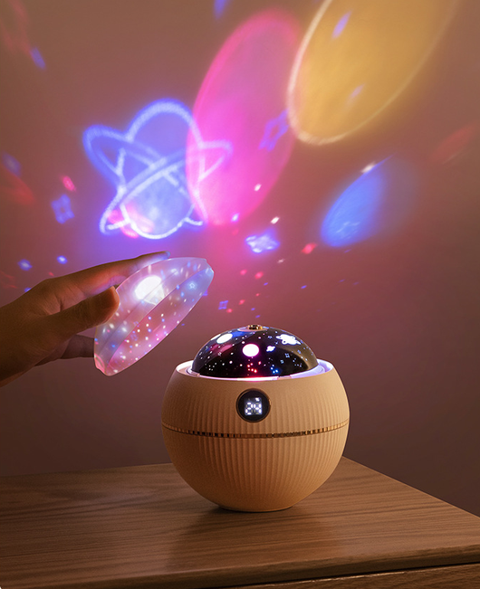 Pink spherical humidifier with a white top, ribbed texture, rose gold band, and a digital display showing 73%. - Image 7
