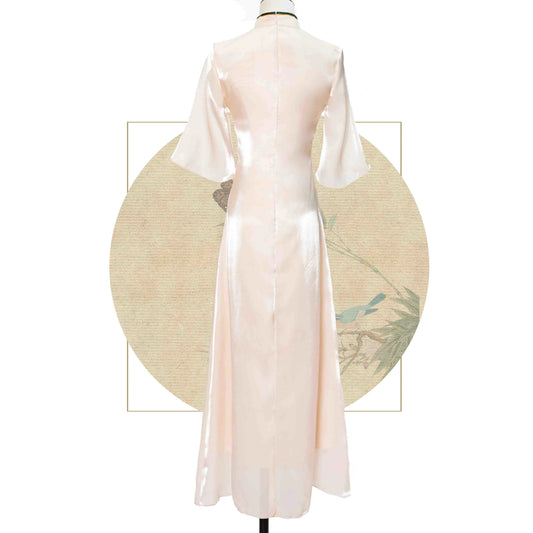 Vestido Cheongsam Disco con Bordado Floral Durazno y Beige - Image 2