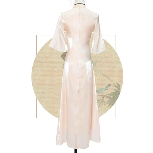 Vestido Cheongsam Disco con Bordado Floral Durazno y Beige - Image 2
