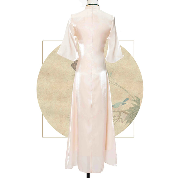 Vestido Cheongsam Disco con Bordado Floral Durazno y Beige