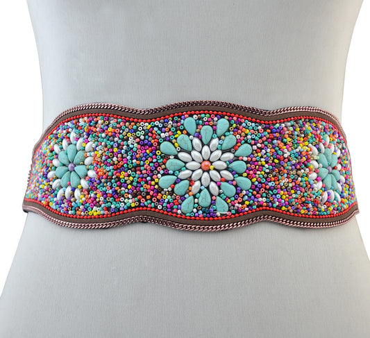 Cinturón Étnico Retro con Cuentas de Arroz Turquesa y Flores